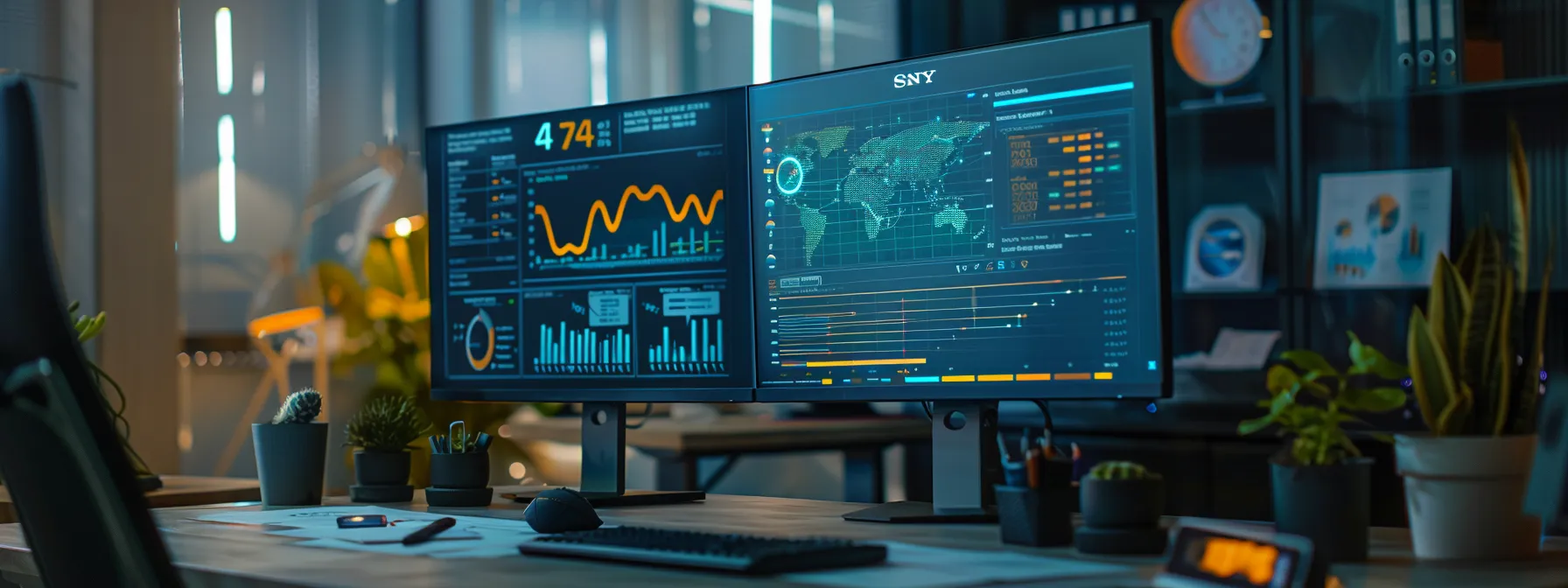 a sleek, modern office workspace with a high-tech computer screen displaying vibrant data analytics, surrounded by strategic reports and brainstorming notes, embodying an environment of ai-driven optimization and innovative strategies.