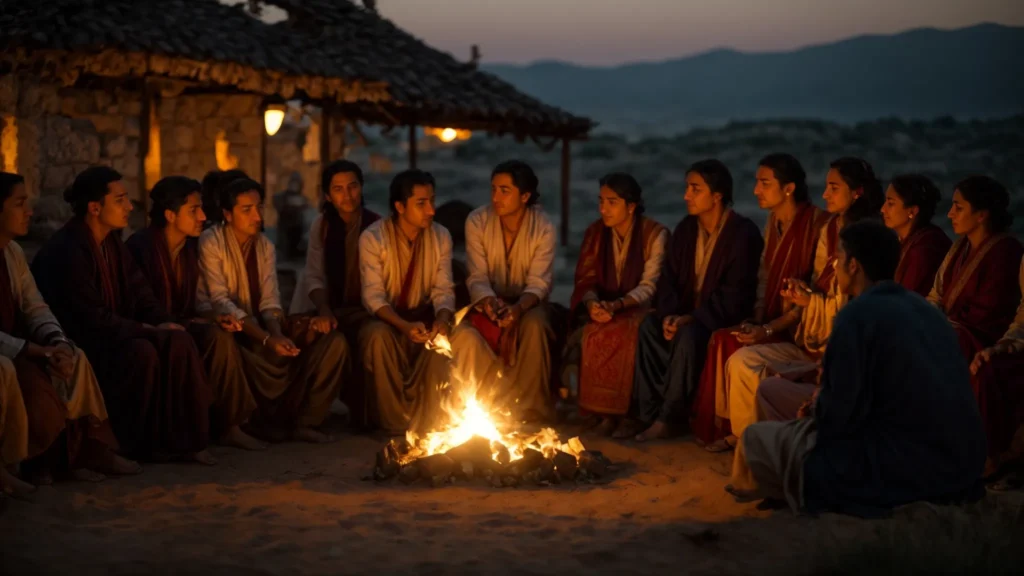 an evocative scene of a macedonian storyteller passionately sharing ancient tales around a flickering fire, surrounded by a diverse audience captivated by the interplay of traditional balkan narratives and modern cultural influences, illuminated by warm, golden light against a twilight sky.