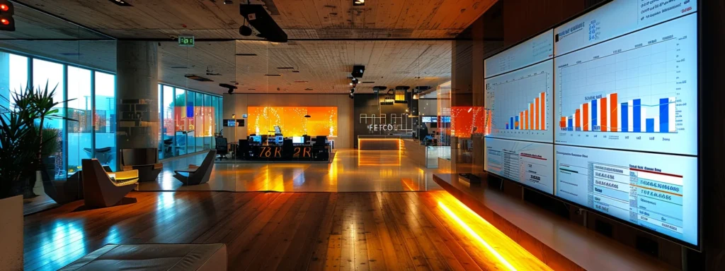a sleek, modern office workspace illuminated by soft, ambient light displays a large digital dashboard filled with vibrant graphs and metrics, symbolizing the dynamic analysis of visitor behavior and conversion optimization strategies.