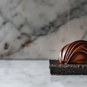 a decadent chocolate pastry sealed in an airtight container on a sleek, white marble countertop.