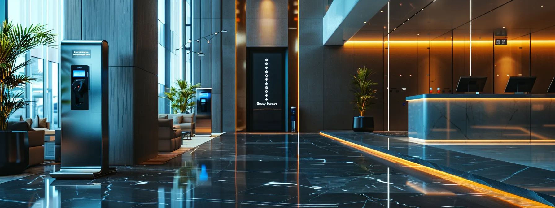 a futuristic apartment lobby with biometric access systems, motion sensors, and smart locks ensuring advanced security for residents.
