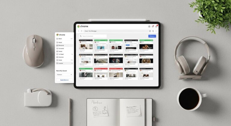 Illustration of Chrome tab manager organizing browser tabs to boost digital productivity