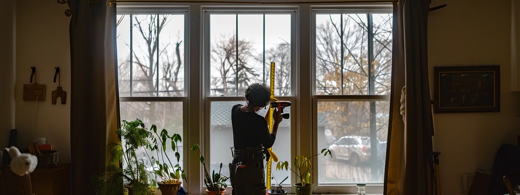 a person holding a drill, measuring tape, and level while standing in front of a window with window treatments halfway installed.