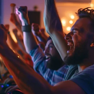 a group of tech developers celebrating in front of a computer screen displaying the searchatlas website.