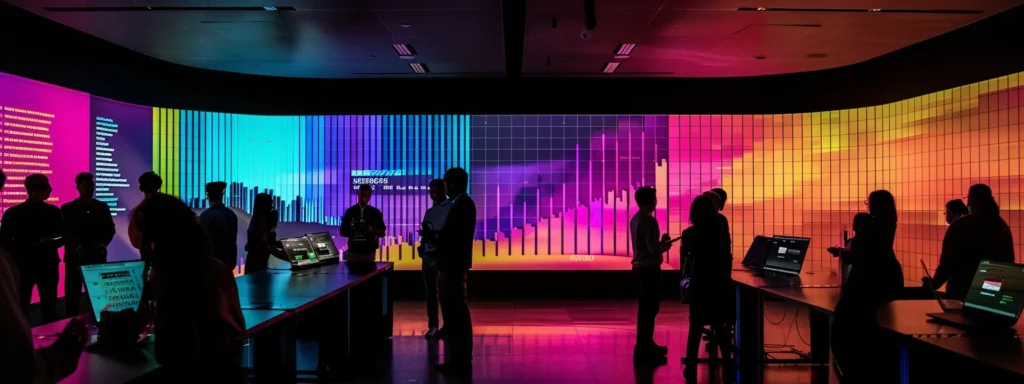 a dynamic, high-contrast digital marketing strategy meeting is depicted, showcasing a diverse group of focused professionals analyzing vibrant charts and graphs reflecting audience demographics and engagement metrics under bright, flattering lighting.