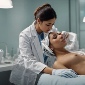 a dermatologist examines a patient's skin using specialized equipment in a modern clinic.