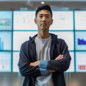 a confident young ceo stands in front of a sleek, modern office backdrop, passionately discussing software licensing models while surrounded by digital displays showcasing seo analytics and google ranking insights.