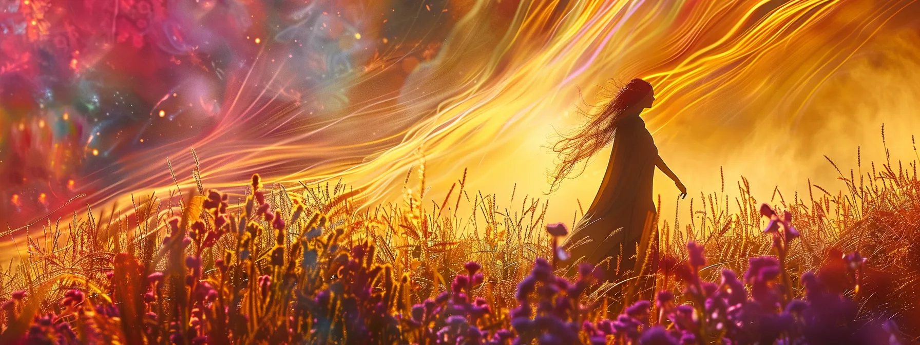 a powerful goddess figure stands tall in a field of swirling colors, embodying creation and protection.