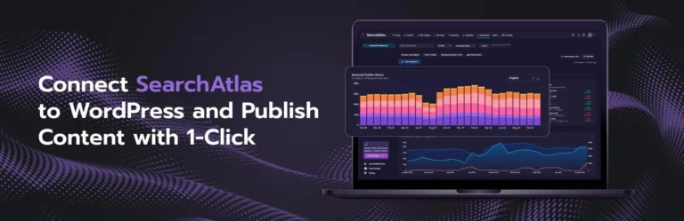 Dashboard displaying analytics and graphs with promotional text for SearchAtlas integration.