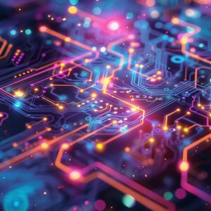 an ethereal digital landscape, blending vibrant circuits and glowing keywords, captures the dynamic fusion of seo and ai, illuminated by a soft, futuristic light.
