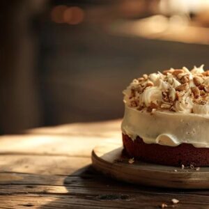 an elegantly frosted hazelnut cake sits on a rustic wooden table, bathed in soft, natural light that highlights its rich textures and warm tones, evoking a sense of comfort and indulgence.