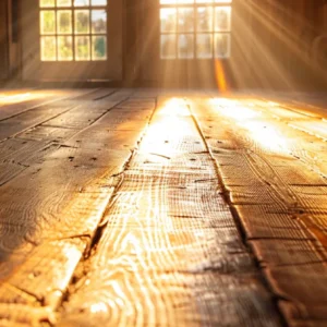 a sunlit room with a beautiful, rustic wooden floor made from reclaimed materials.