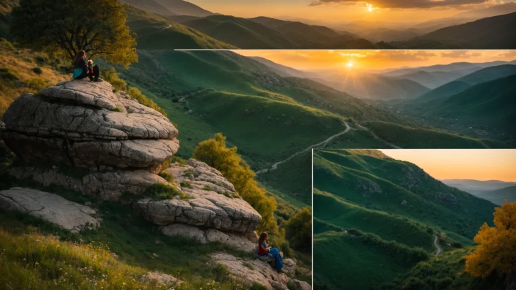 a vibrant macedonian landscape unfolds with a storyteller perched on a rock, weaving tales of social justice and community, surrounded by lush greenery and the majestic mountains that echo the rich folklore of the region under a golden sunset.