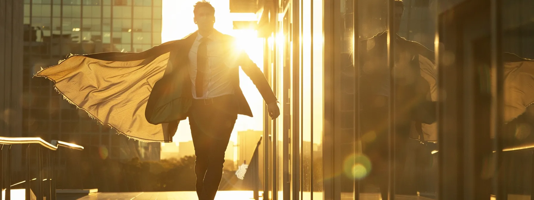 a superhero rushing to work in a suit, with a cape peeking out from under their jacket.