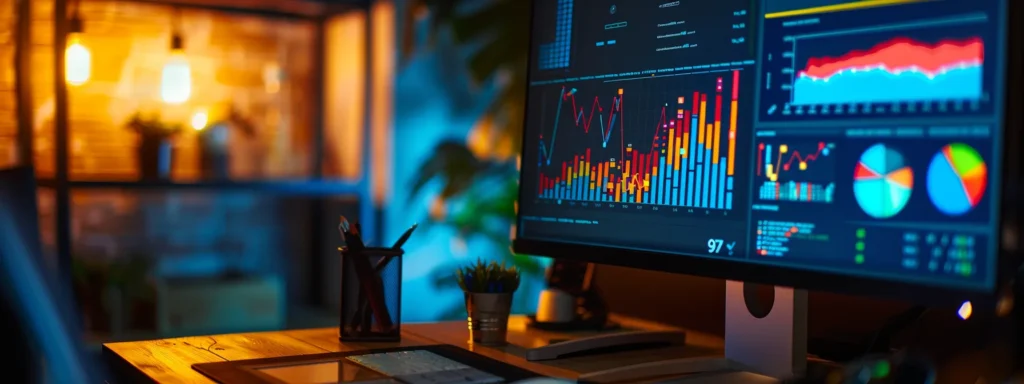 a dynamic digital workspace, illuminated by soft, ambient light, features a sleek computer screen displaying colorful graphs and analytics, symbolizing the art of conversion optimization with a focus on user engagement and successful online interactions.