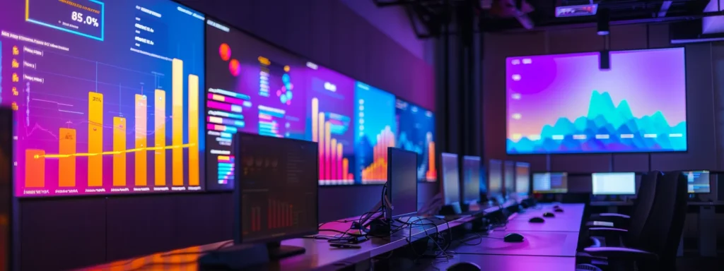 a dynamic office environment filled with large screens displaying colorful analytics dashboards and performance metrics, illuminated by soft, focused lighting to emphasize the theme of measuring seo success through data-driven insights.