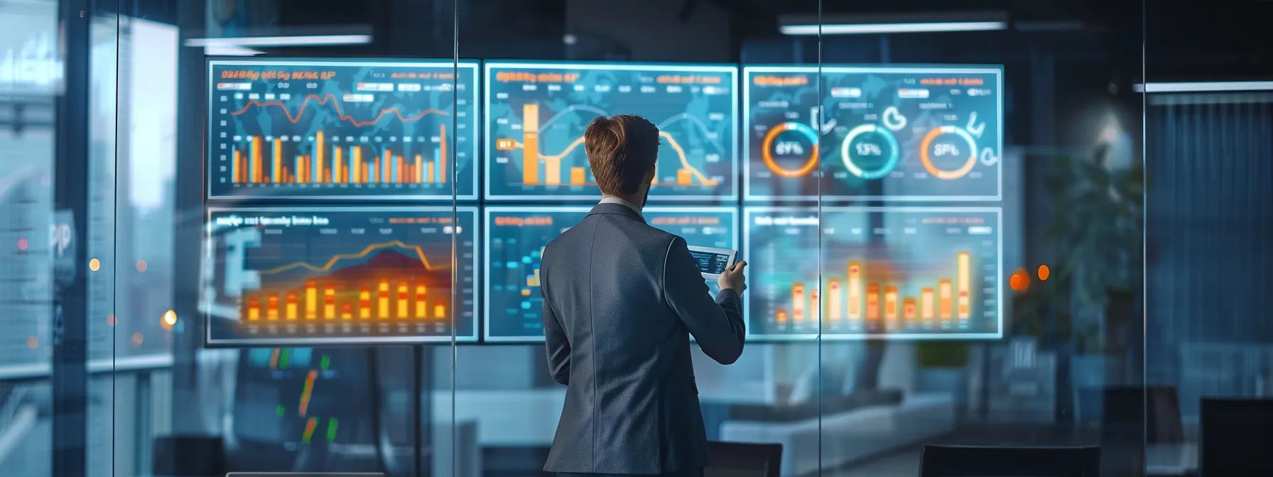 a sleek, modern office workspace showcases a large digital screen displaying dynamic graphs and analytics related to otto, the innovative ai-powered seo tool, while a professional in business attire engages with the technology, highlighting advanced digital strategy and optimization.