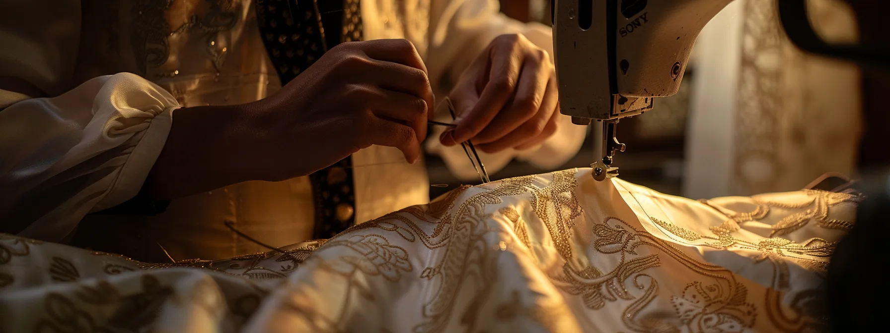 a person sewing elegant curtains from calico fabric.