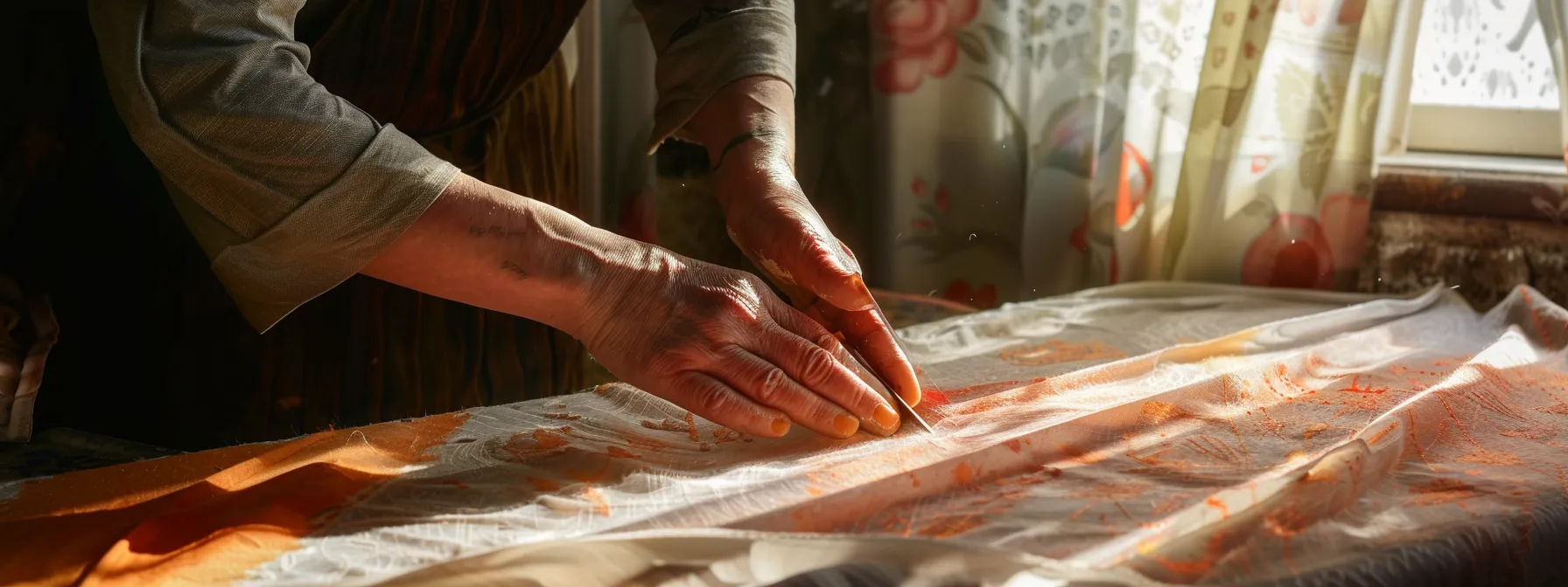 a person cutting an old tablecloth to create unique curtains for their windows.