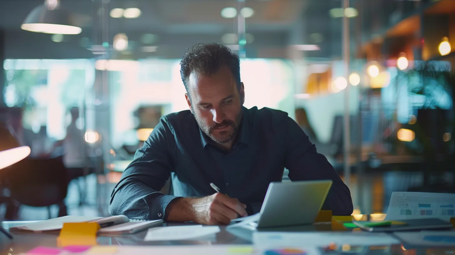a focused business professional sits at a sleek conference table cluttered with vibrant proposal documents and digital devices, intensely comparing offerings on a tablet while engaging in a preliminary discussion in a modern office setting.