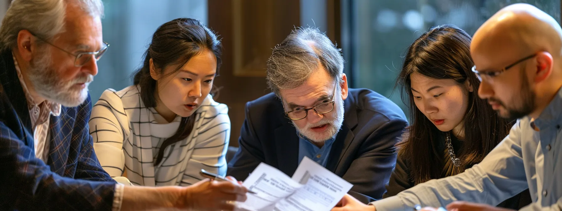 a group of legal professionals reviewing a contract together, highlighting key clauses related to estoppel with focused expressions and engaged body language.