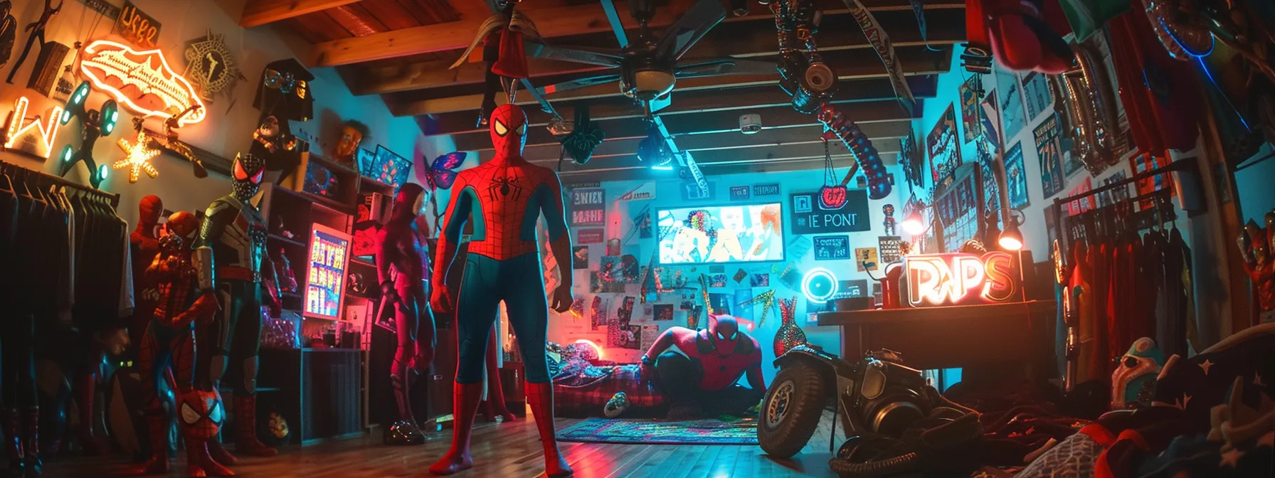 a person standing in a room filled with colorful superhero costumes and props.