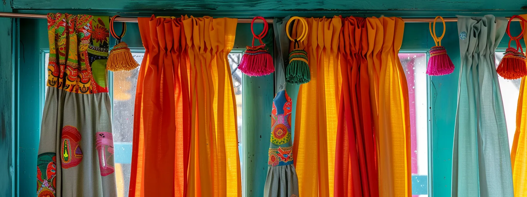 a window with colorful and playful curtain rods and rings, creatively styled with vibrant hues and patterns to enhance the room's appearance on a budget.