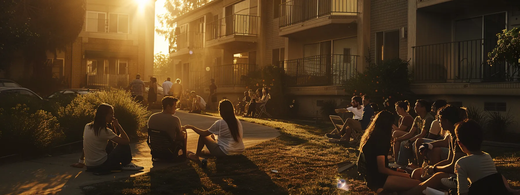residents of an apartment complex gathering together for a neighborhood watch meeting in a common area.