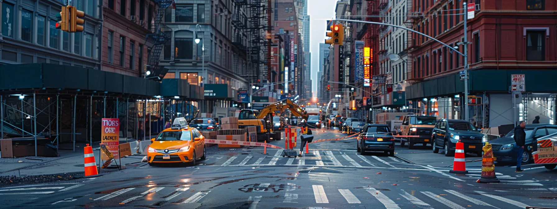 a bustling city street with construction, noise, and various storefronts.