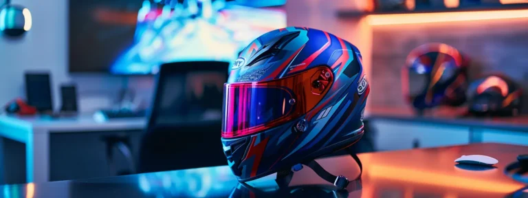 a vibrant, customized motocross helmet displayed on a sleek, modern workspace.