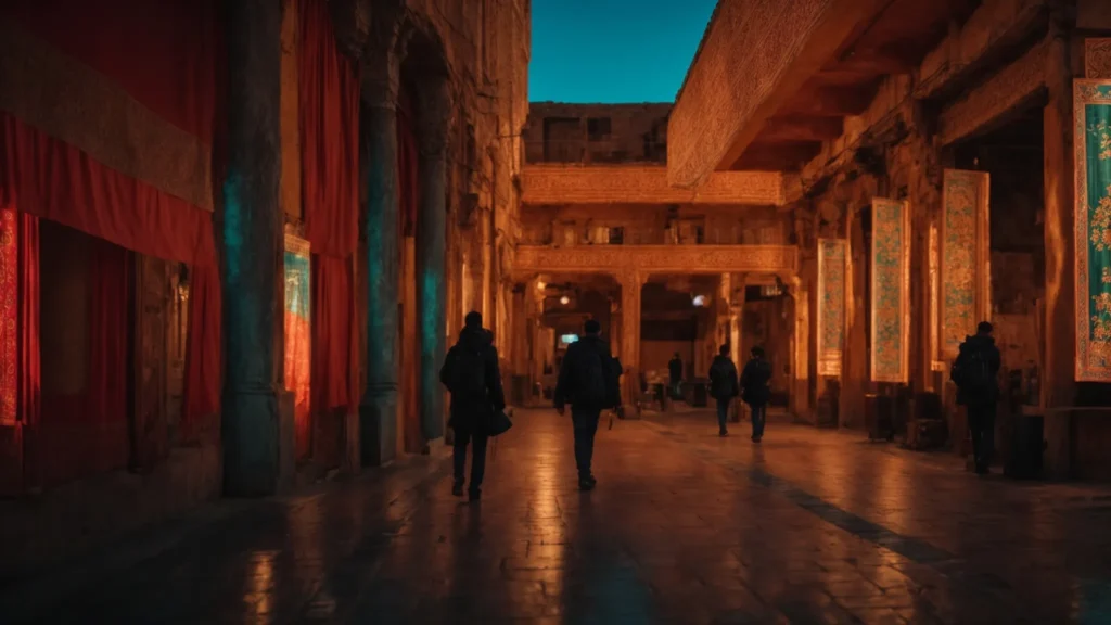 a vibrant digital landscape showcasing emerging macedonian storytellers connecting worldwide, illuminated by dynamic screens that reflect a fusion of traditional heritage and modern global narratives.