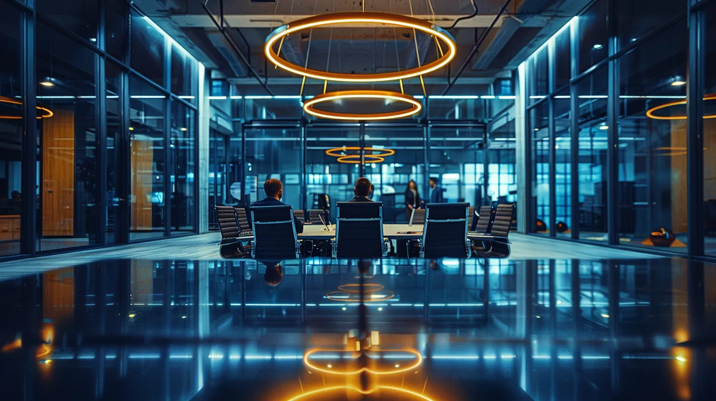 a sleek, modern office space features a dynamic team engaged in a strategic planning session, illuminated by vibrant overhead lights reflecting off a polished conference table, creating an atmosphere of innovative collaboration.