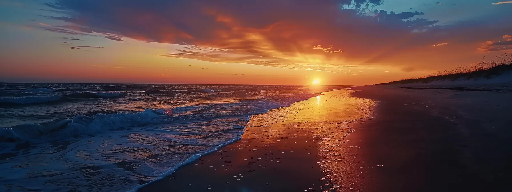 a vibrant sunset over a peaceful beach.
