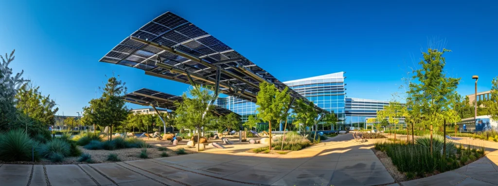 a vibrant solar panel installation glistens under a clear blue sky, symbolizing sustainable living and clean energy solutions that reduce carbon emissions and promote energy savings.