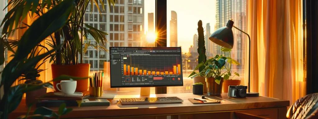 a vibrant and modern workspace featuring a sleek laptop displaying dynamic user interfaces and colorful graphs, illuminated by soft natural light streaming through large windows, symbolizing the essence of conversion optimization and digital engagement.