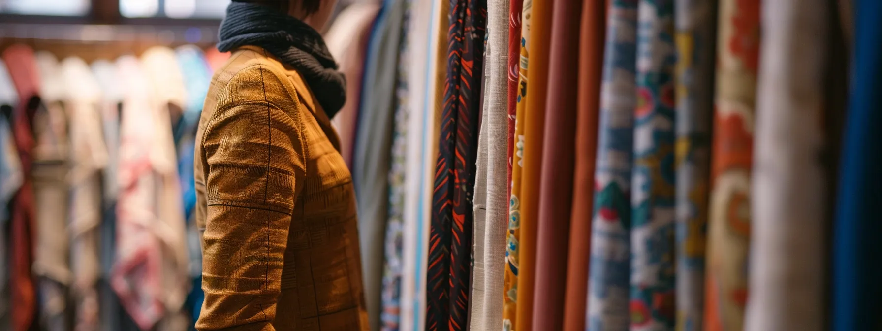 a person browsing through a variety of affordable fabric options for window treatments.