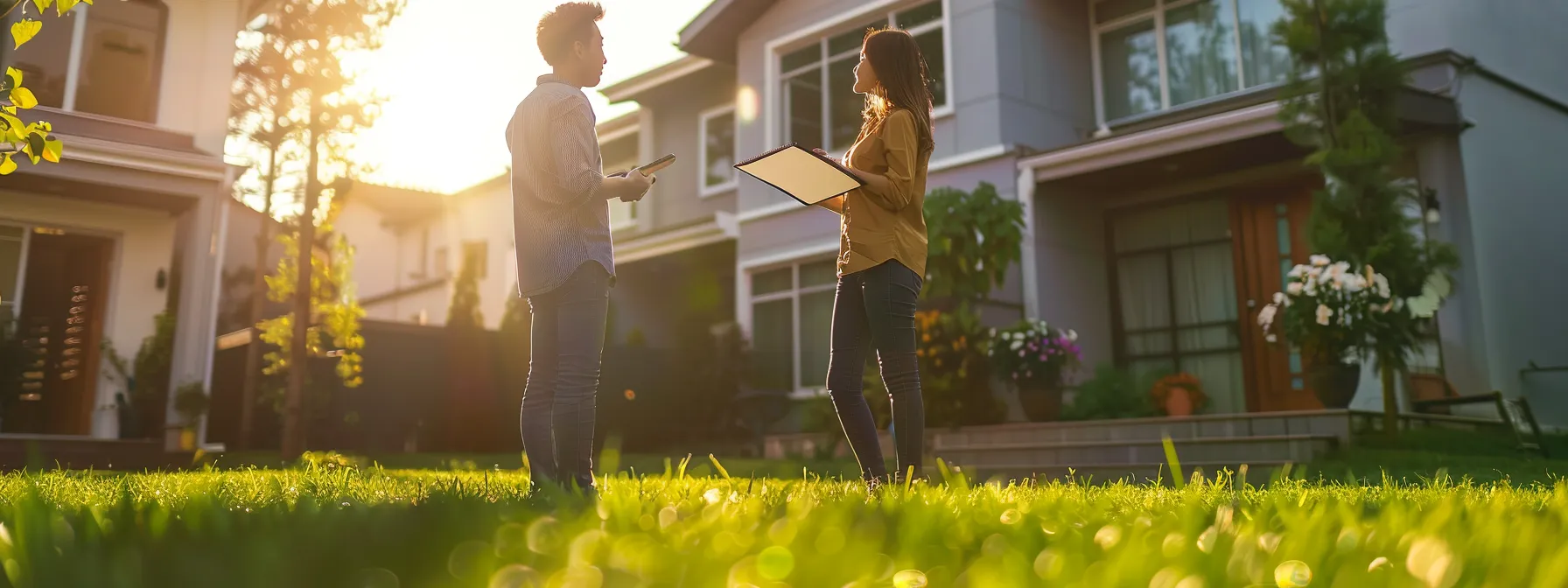 a photo of two individuals standing in front of a property, one holding a contract while the other points to the land, illustrating the concepts of proprietary estoppel and legal rights over property.