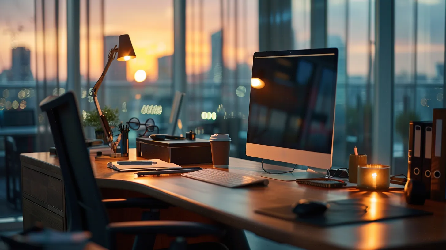 a sleek, modern office workspace features a polished wooden desk adorned with high-tech gadgets, illuminated by warm, ambient lighting that enhances the atmosphere of productivity and innovation.