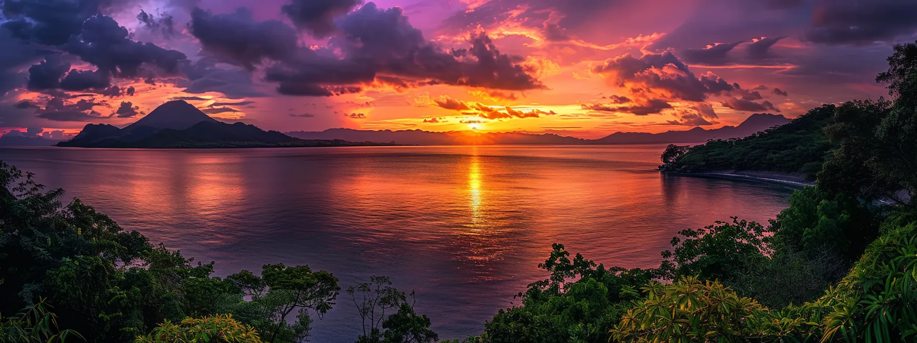 a breathtaking sunset illuminates a serene lake, with vibrant hues of orange and purple reflecting off the still water, framed by lush green trees.