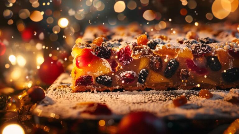 a beautifully arranged display of rich, colorful fruitcake slices adorned with glistening dried fruits and a dusting of powdered sugar, set against a backdrop of twinkling christmas lights.