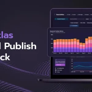 Dashboard displaying analytics and graphs with promotional text for SearchAtlas integration.