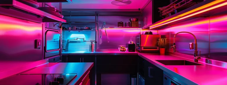 a sleek, modern mobile kitchen design featuring stainless steel appliances and a vibrant pop of color.
