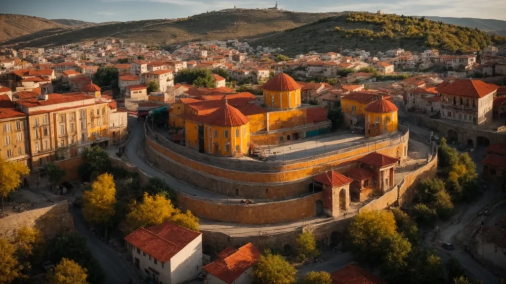 a vibrant modern interpretation of macedonian folklore unfolds in a dynamic urban landscape, blending historical elements with contemporary artistic expressions to highlight environmental themes and collective cultural memory.