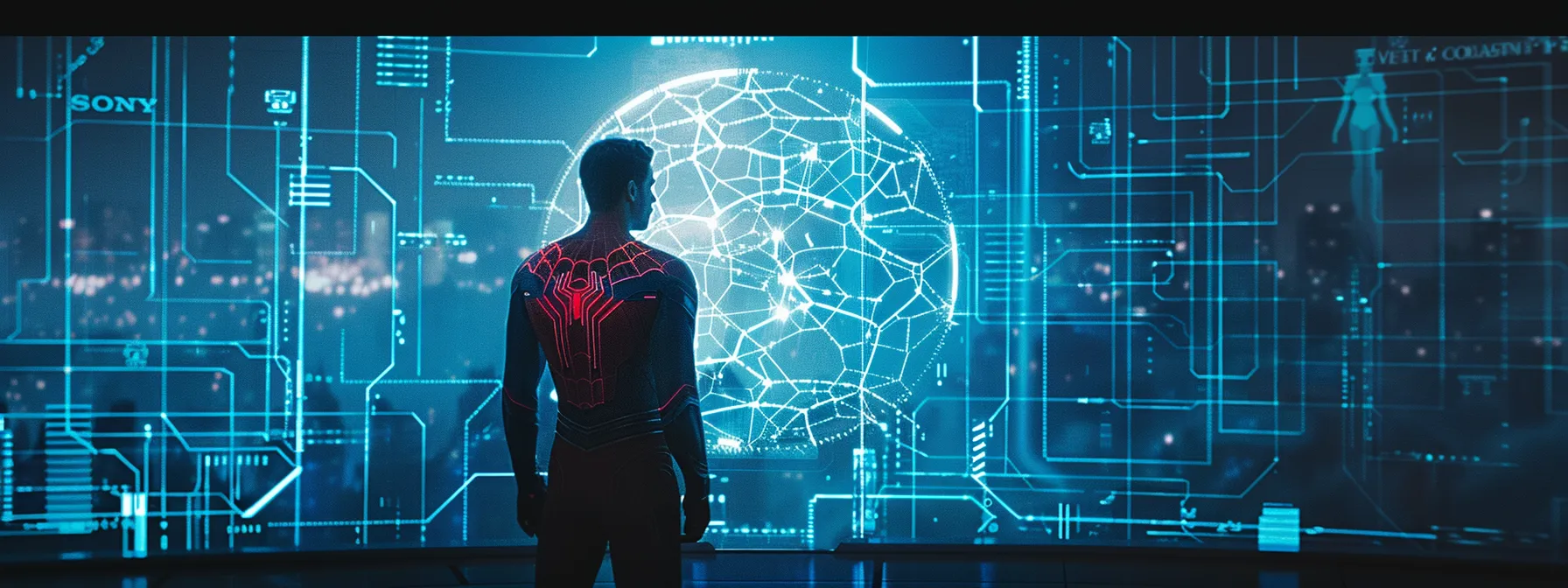 a superhero standing in front of a glowing technology panel, preparing their toolkit for battle.