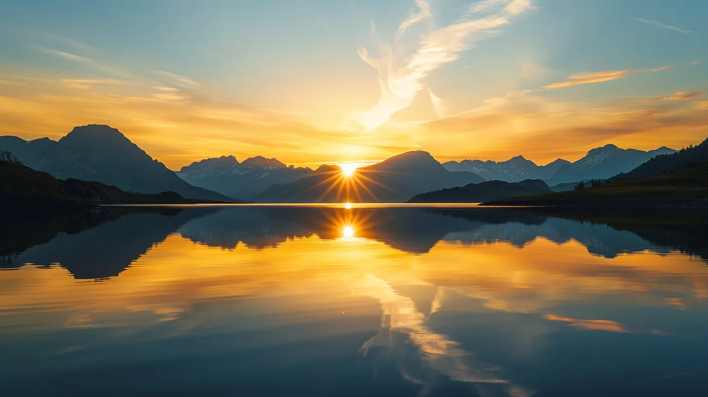 a vibrant sunset casts golden hues over a serene lake, reflecting silhouetted mountains that frame the tranquil scene.