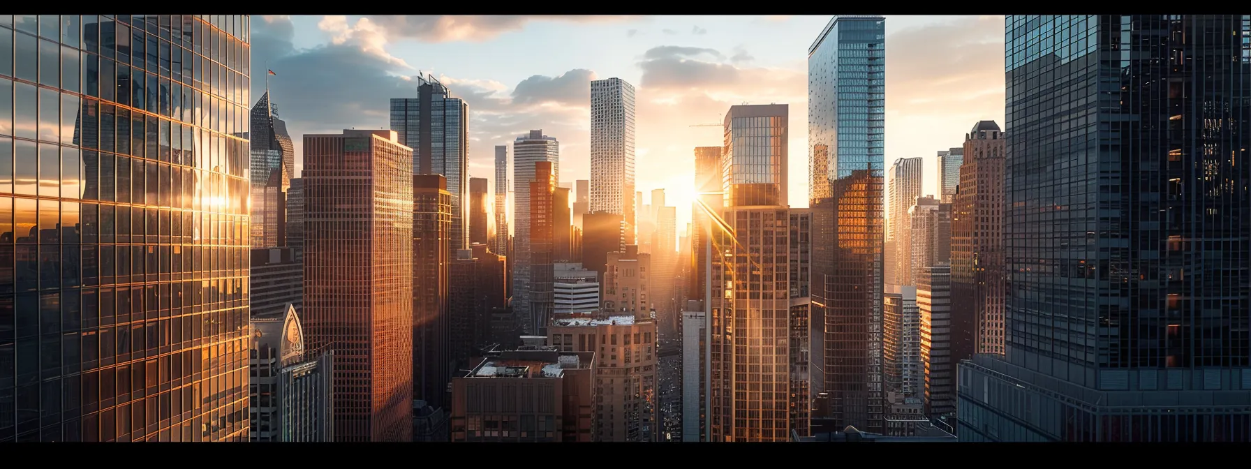 a modern city skyline with buildings featuring intricate mythological themes.