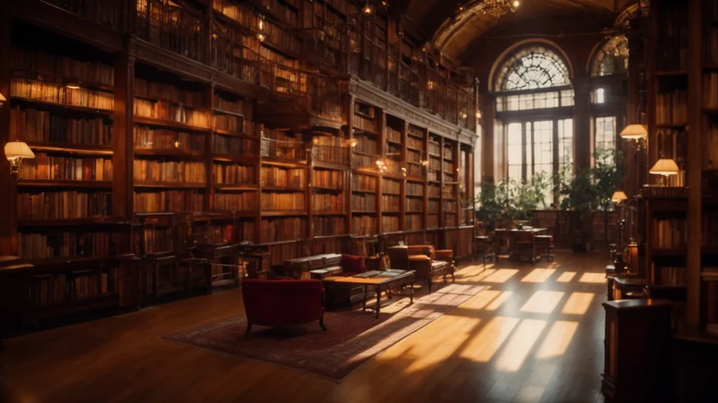 a vibrant library overflowing with macedonian literary treasures, featuring warmly lit shelves brimming with books and an inviting atmosphere that inspires exploration of storytelling themes.