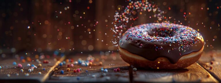 a delectable chocolate donut, glistening with rich ganache, is presented on a rustic wooden table, surrounded by vibrant sprinkles and a soft natural light illuminating its glossy texture.