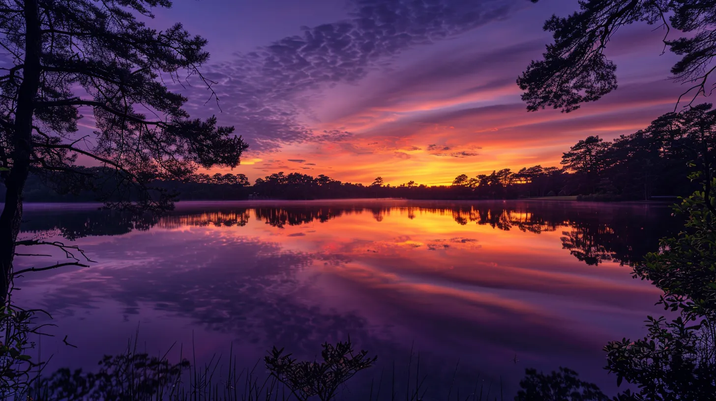 a breathtaking sunset casts vibrant hues of orange and purple across a tranquil lake, reflecting the serene beauty of nature while silhouetted trees frame the scene.