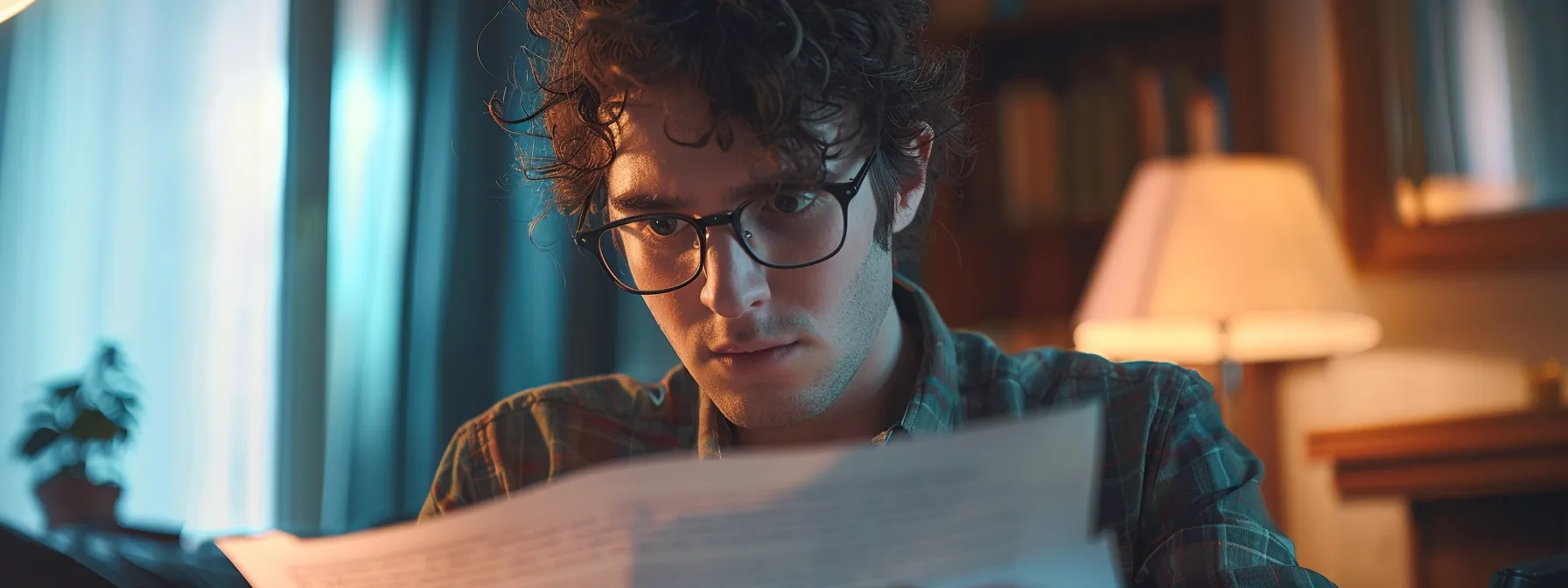 person studying a document with a perplexed expression.